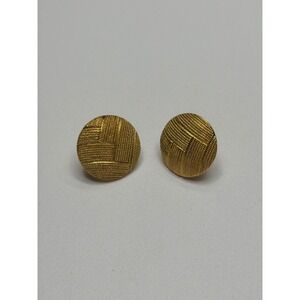 Vintage Monet Gold Tone Textured Basketweave Round Button Stud Earrings